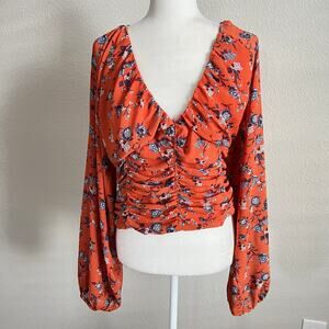 Free People Floral Final Rose Rust Red Crop Blouse Womens L Smocked Boho Cottage